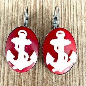 Red and White Anchor Cameo Stainless Steel Handmade Earrings, Unworn, NWT